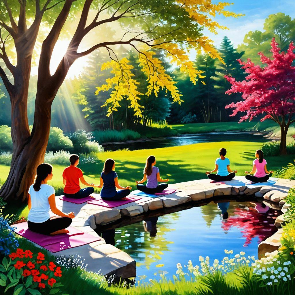 A serene landscape illustrating a diverse group of individuals engaged in activities that symbolize healing, hope, and empowerment, such as yoga, gardening, and painting. Bright sunlight filters through trees, casting uplifting shadows, while a gentle river represents the flow of life. Incorporate elements of nature like blooming flowers and butterflies to signify renewal. Artistic and cheerful, invoking a sense of community and resilience. vibrant colors. peaceful atmosphere. painting.