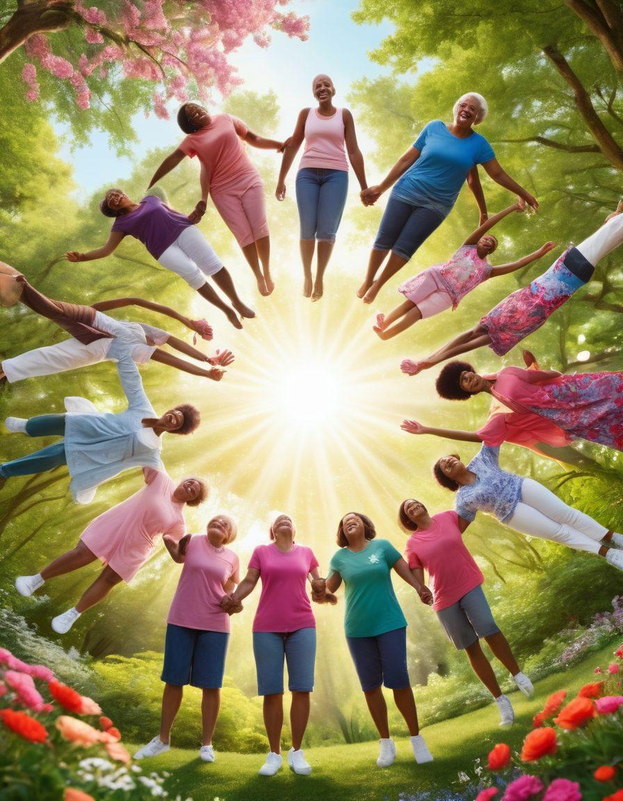 A diverse group of cancer survivors sharing laughter and support in a sunlit park, surrounded by lush greenery and blooming flowers. They hold hands in a circle, symbolizing unity and strength, with supportive messages and wellness symbols subtly included in the background. The image conveys warmth, hope, and resilience, capturing the essence of community healing. vibrant colors. super-realistic.