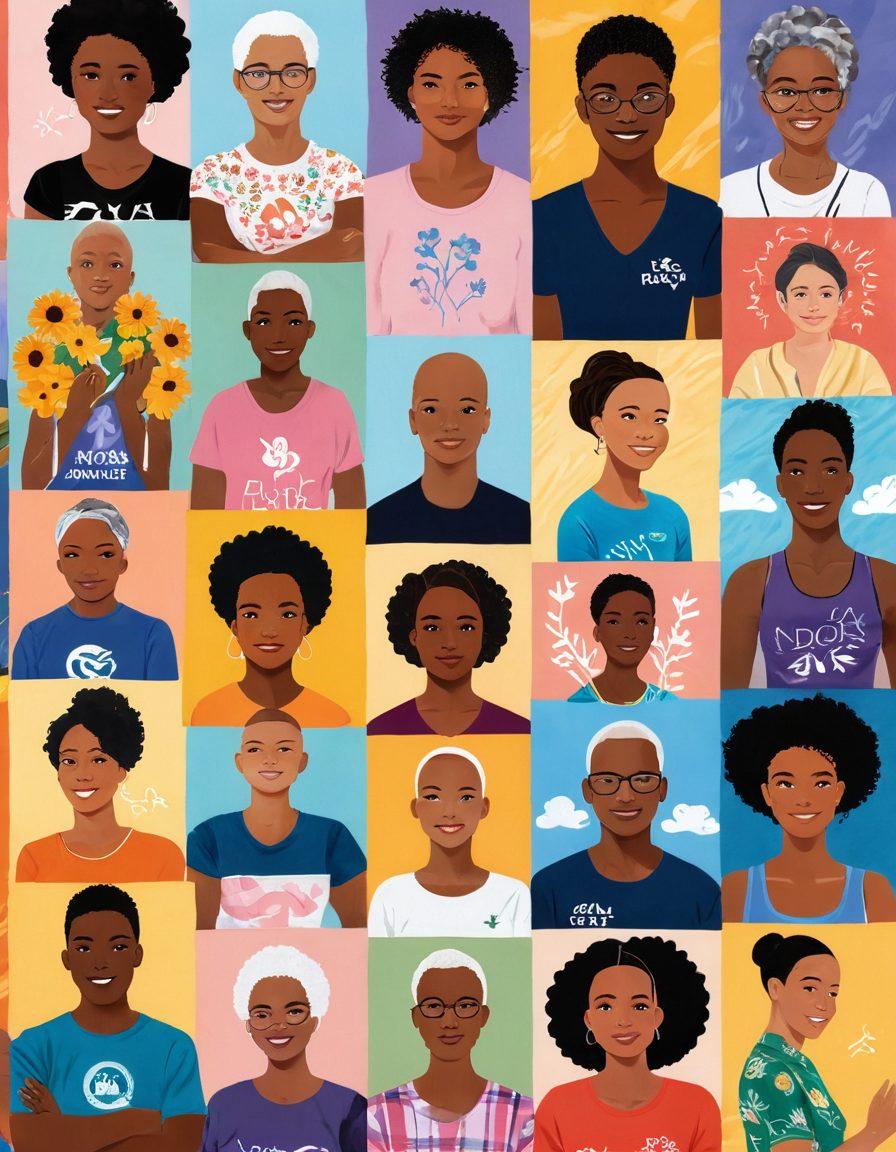 A collage of diverse cancer survivors, each showcasing their strength and resilience, surrounded by symbols of advocacy such as ribbons and supportive community icons. Include uplifting elements like sunlight breaking through clouds, diverse flowers representing wellness, and hands united in support. The background should be warm and inviting, capturing a sense of hope and empowerment. vibrant colors. super-realistic.